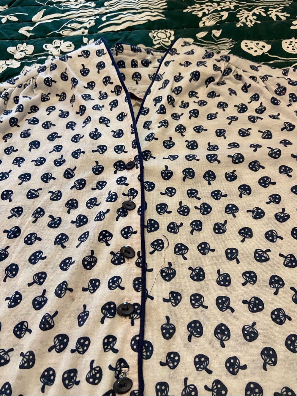 White and Navy Short-Sleeve Mushroom Midi Dress with Button Placket - Picture 3 of 9